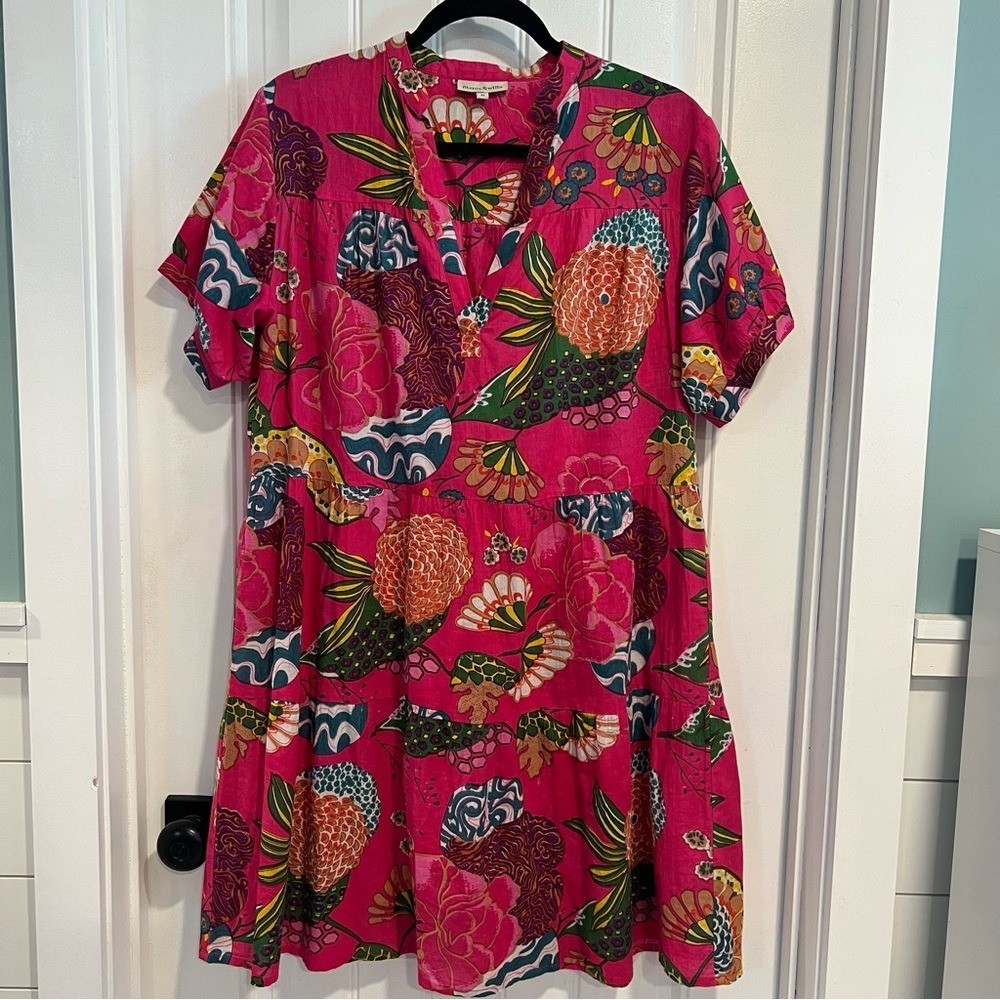 Fitzroy & Willa Vibrant Pink Floral 100% Cotton Mini Dress. Size Medium.