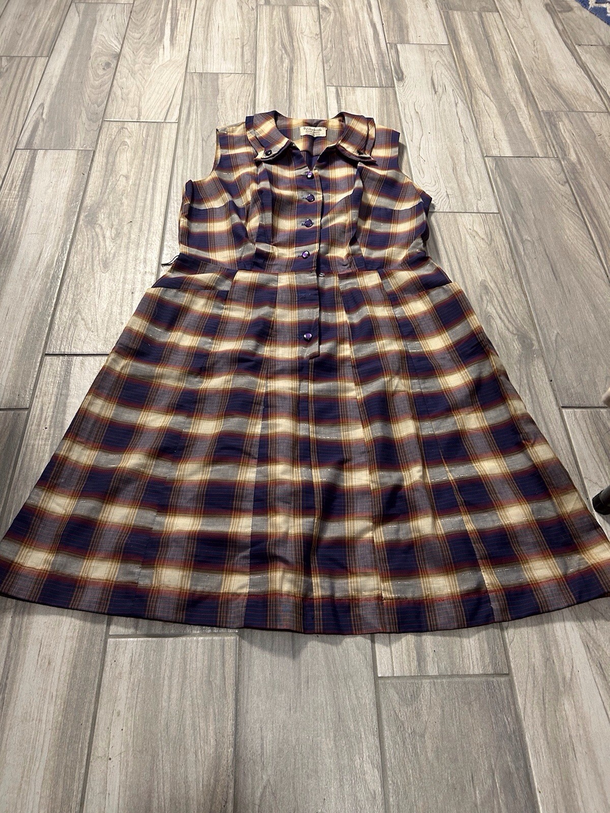 Vintage 60’s Sleeveless Plaid Button-Front Large Dress Navy Brown Retro Timeless