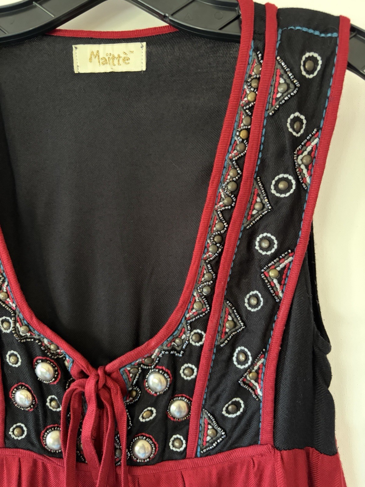 Maitte Portugal Womens Black Burgundy Beaded Bodice Festival Mini Dress Small