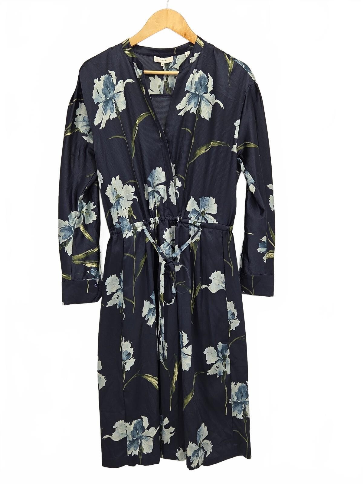 Vince Iris Print Faux Wrap Dress Blue Floral Print Midi Dress Size Medium