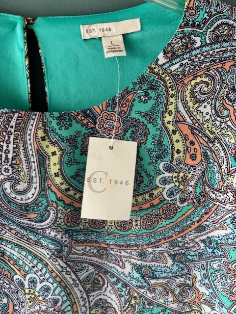 EST. 1946 Brown Teal Paisley Tiered 3/4 Sleeve Shift Dress NWT Boho L Feminine