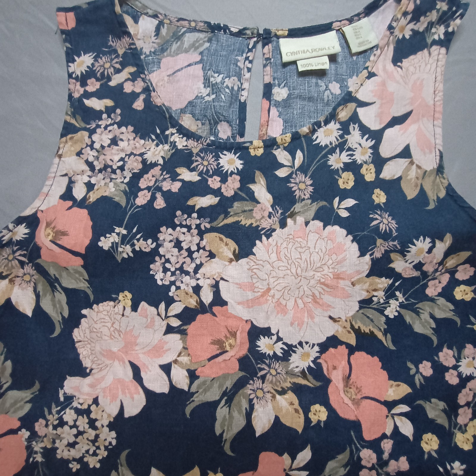 Cynthia Rowley Flowered Shift Dress Size L 100% Linen WITH POCKETS