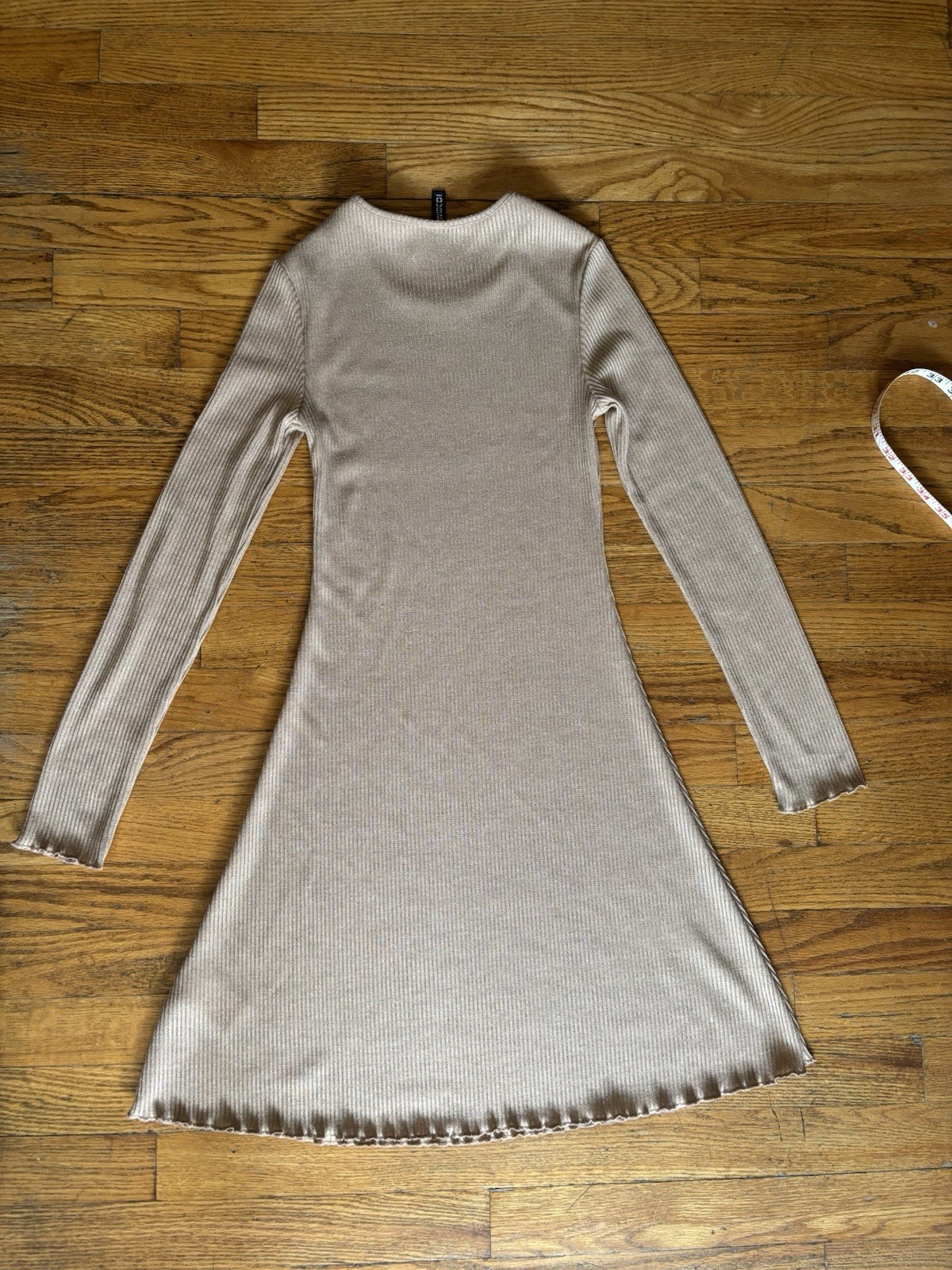 H&M Beige Ribbed Knit Ruffle Round Neck Bodycon Mini Dress Long Sleeve 6 / S
