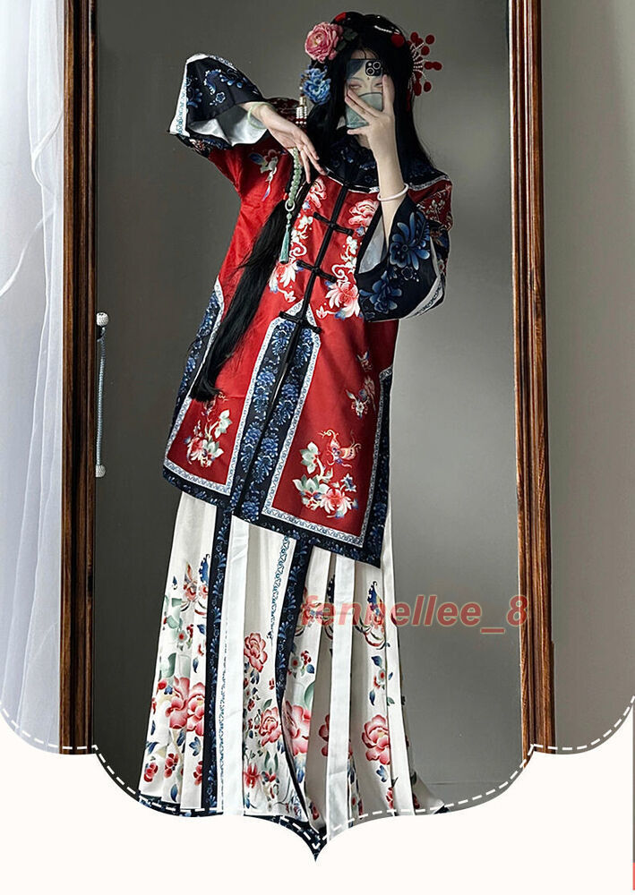 Qing Dynasty Womens Retro Chinese Costumes Dress Printed Hanfu Dress New