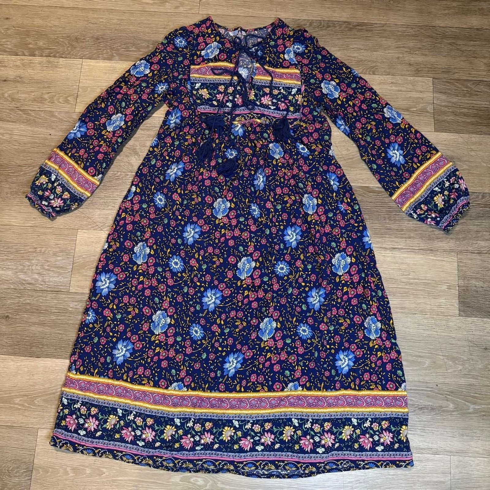 Navy Floral Cottagecore Vacation Midi Dress with Tassels Large