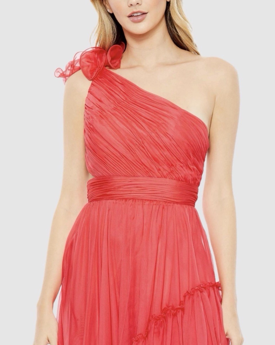 MacDuggal One Shoulder Open Back Red Ruffle Maxi Dress Sz 6