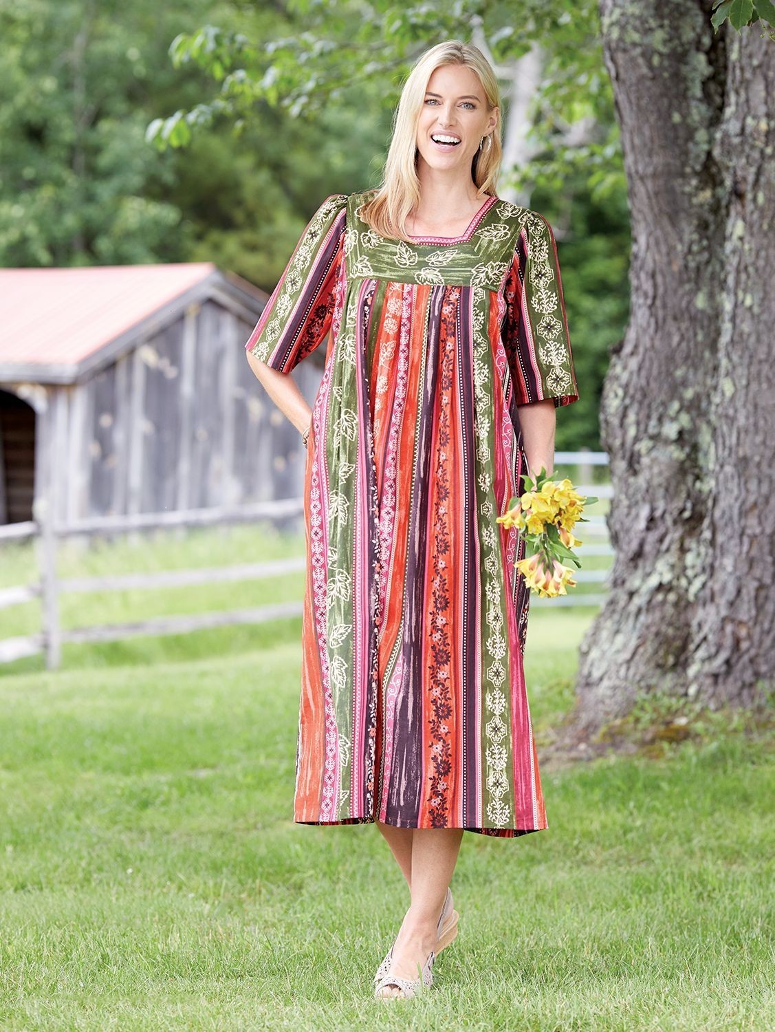 The Vermont Country Store Falling Leaves All-Season Cotton Muumuu House Dress M