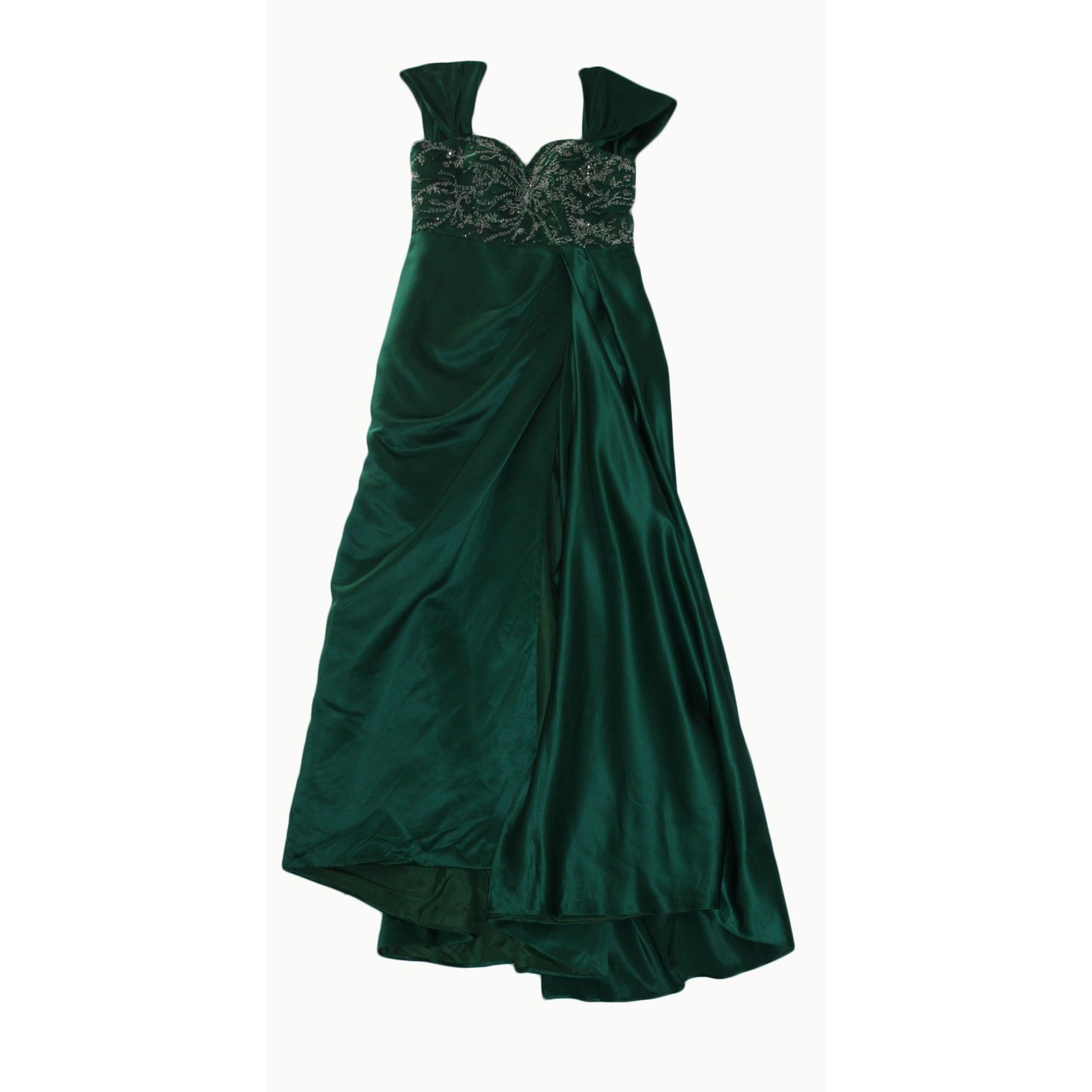 Ryanth Emerald Green Beaded Satin Evening Gown Corset Back High Slit Size 10
