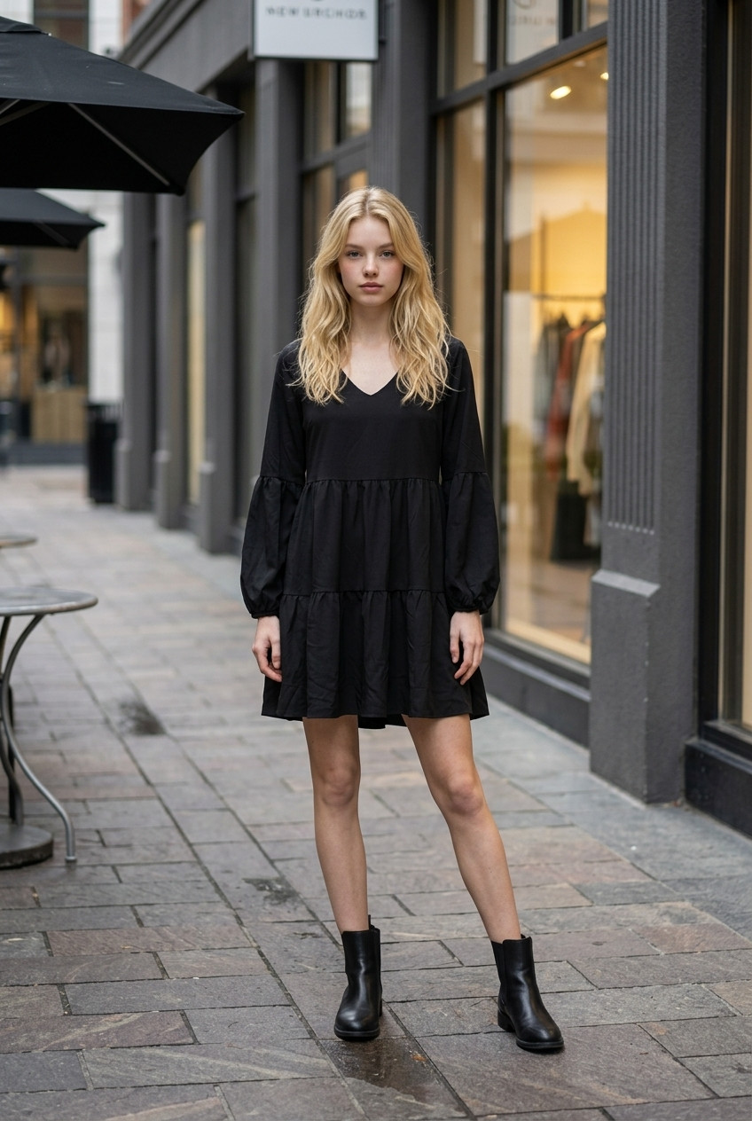 iliad USA Women’s Black V-Neck Long Puff Sleeve Tiered Mini Dress