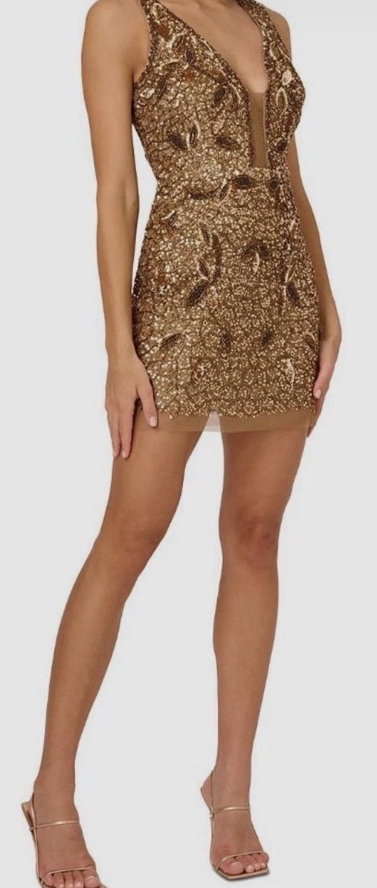 NWT Liv Foster Women’s Gold Beaded Plunging V-Neck Cocktail Dress Size 6