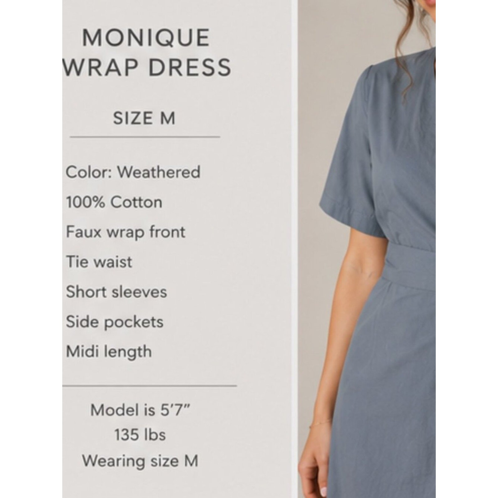 Margin Weathered Blue Cotton Wrap Midi Dress Tie Waist Pockets Size Medium