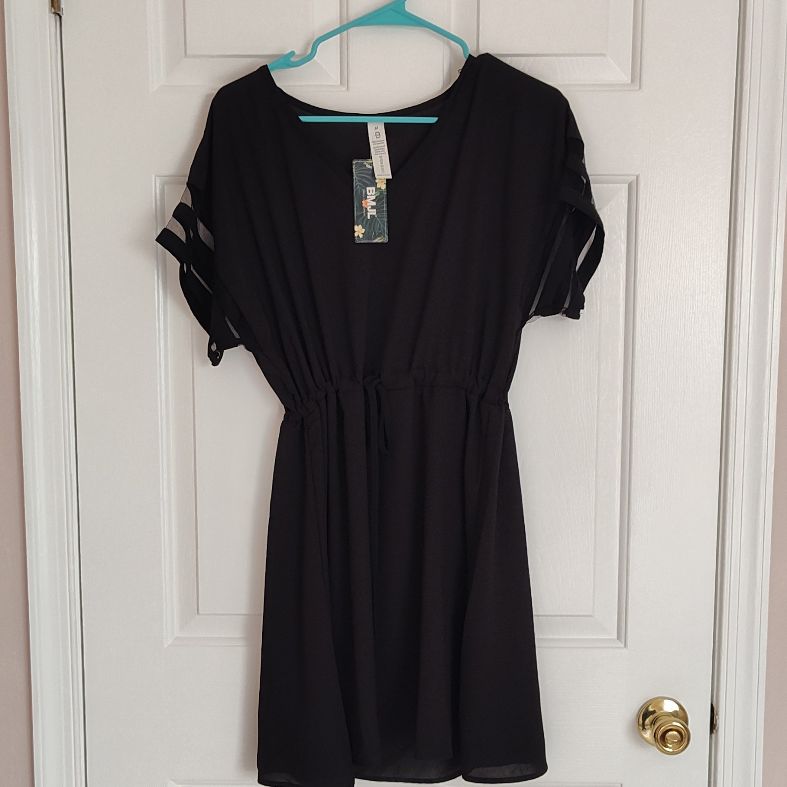 BWL Black Chiffon Mini Dress L Sheer Stripes Drawstring Waist Short Sleeve