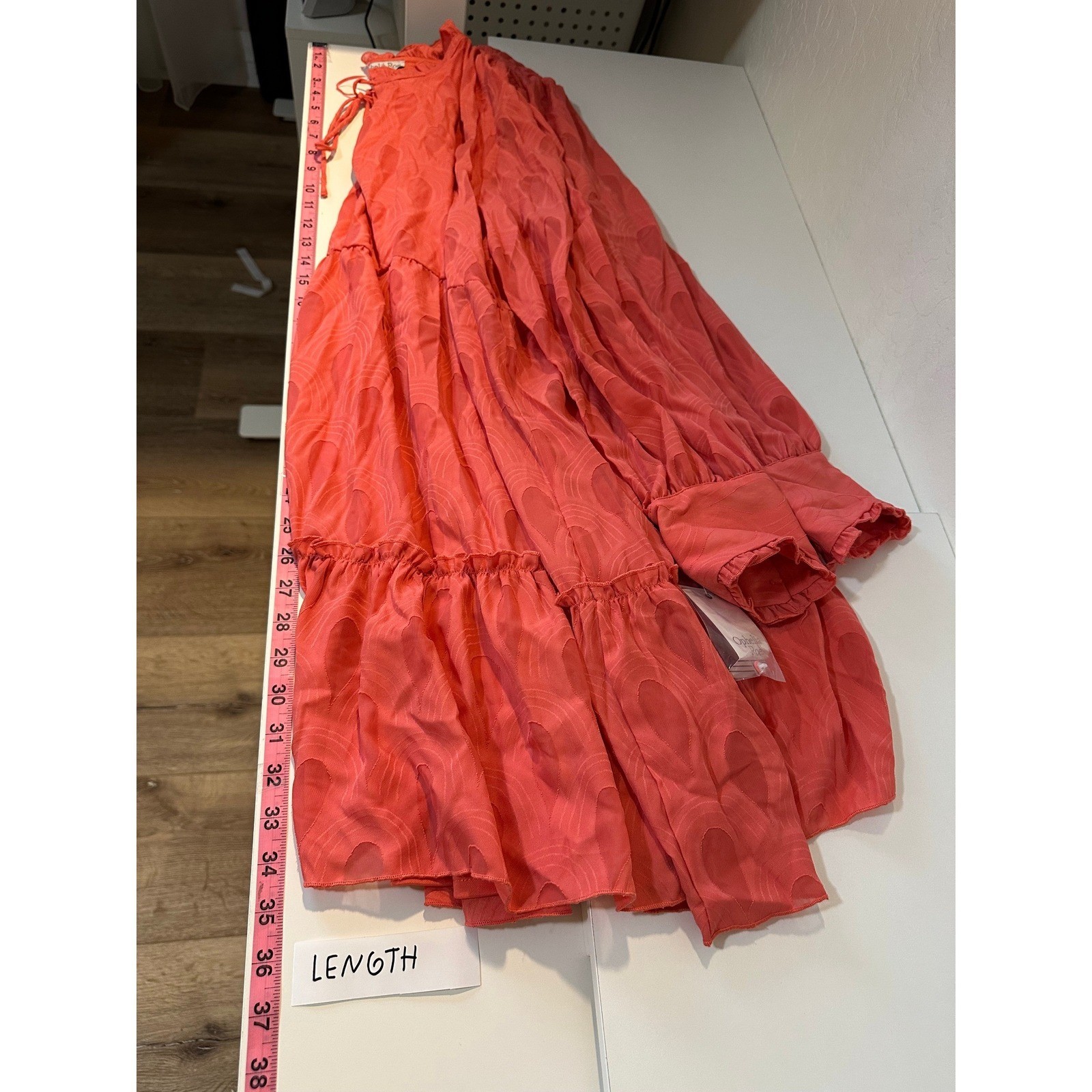 Ophelia Roe Coral Jacquard Tiered Mini Dress Long Sleeve 1X Boho Peasant Beach