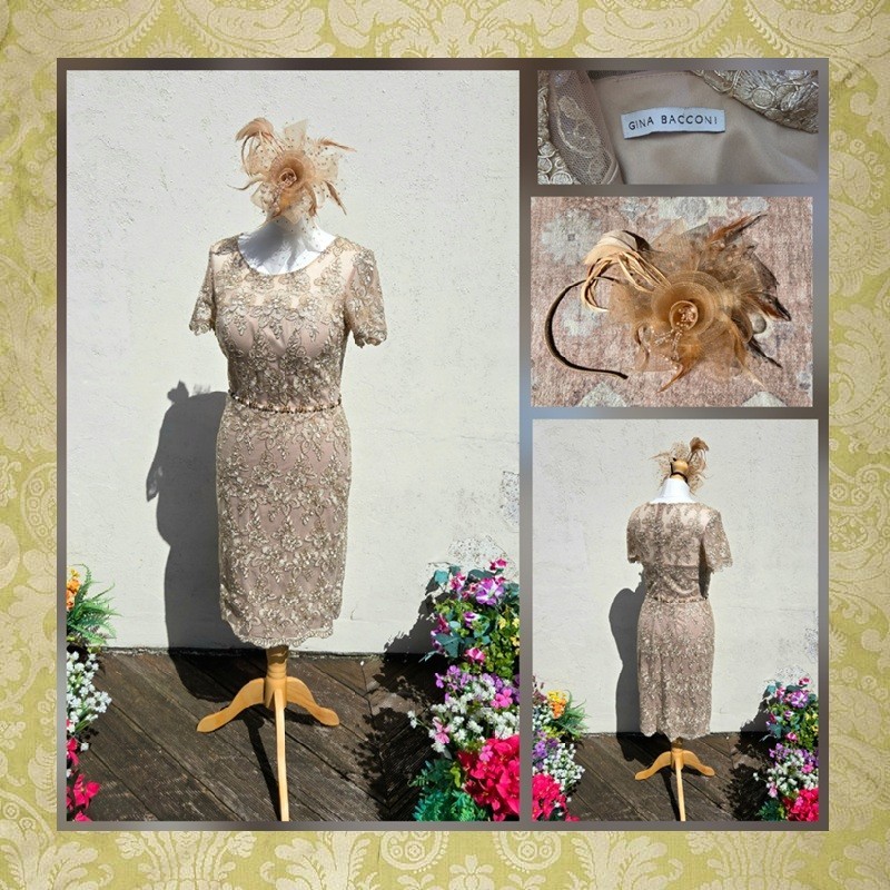 Gina Bacconi Size 10 Gold Lace Special Occasion MOTB Wedding Guest & Fascinator