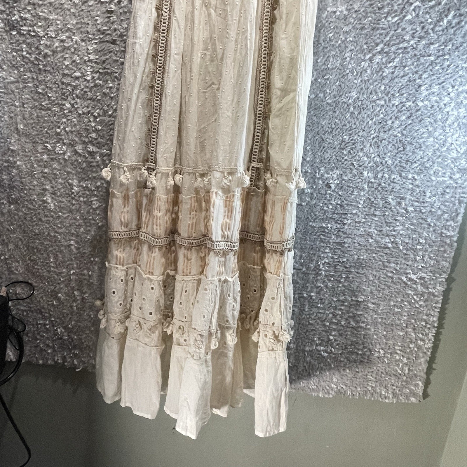 Me 2 Magic Boho Maxi Dress S Cream Gold Metallic Embroidered Crochet Tiered