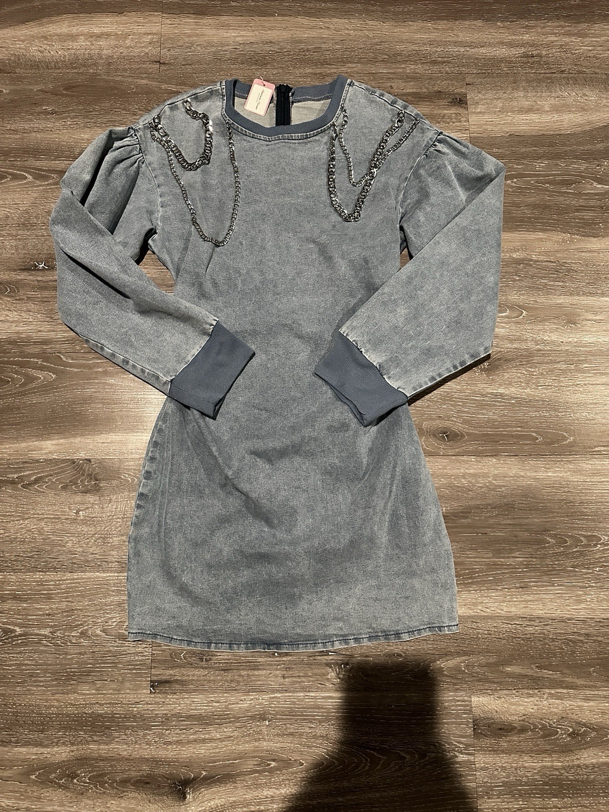 Acid Wash Chain Detail Long Sleeve Mini Dress Gray Size Medium Y2K Streetwear