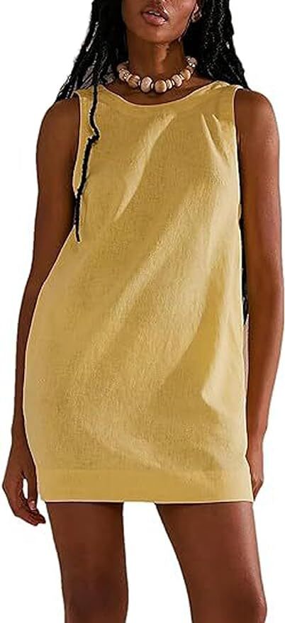 Women Summer Beach Linen-Like Romper Open Back Backless Mini Dress