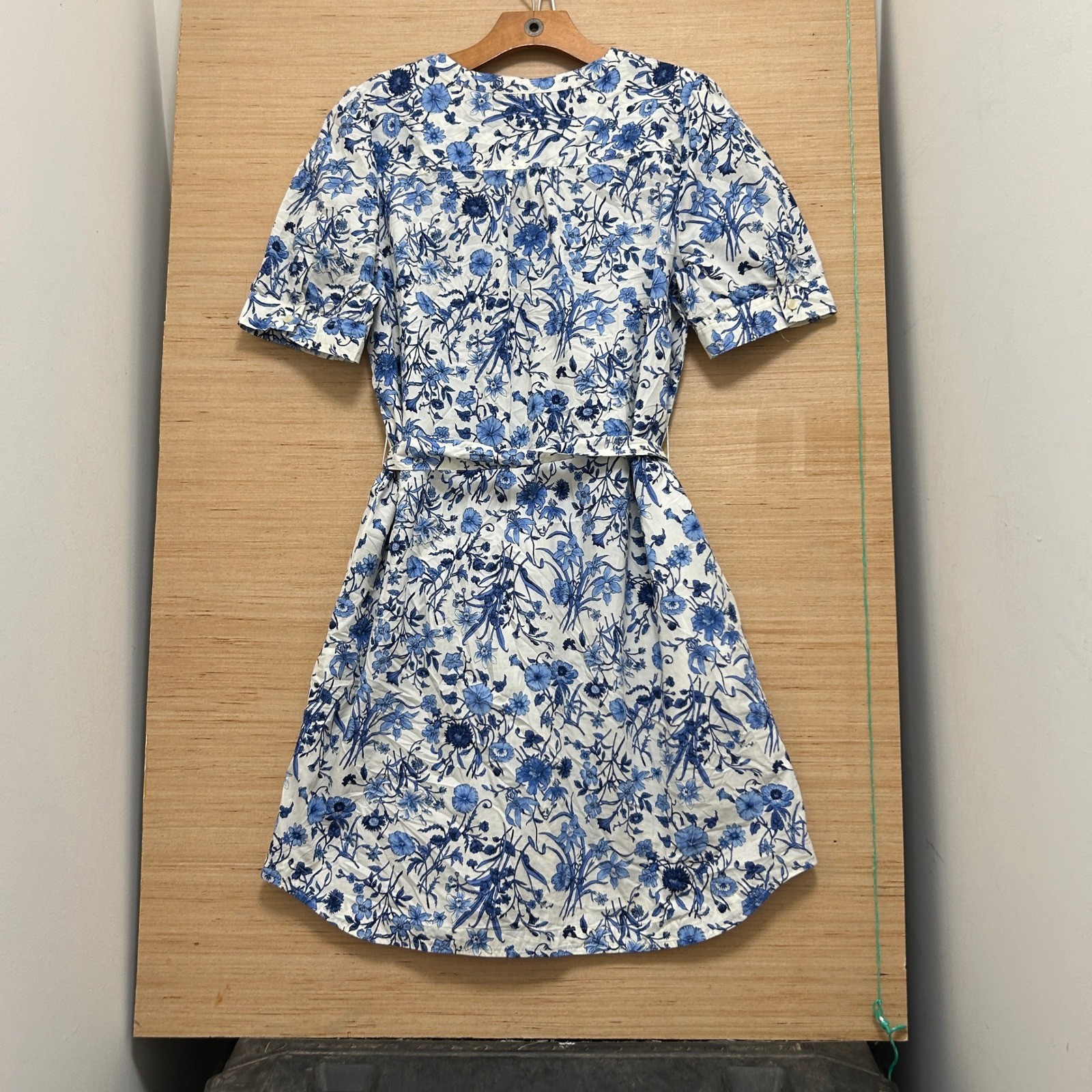 Talbots Womens Blue White Floral Button Front Tie Waist Shirt Dress Pockets L