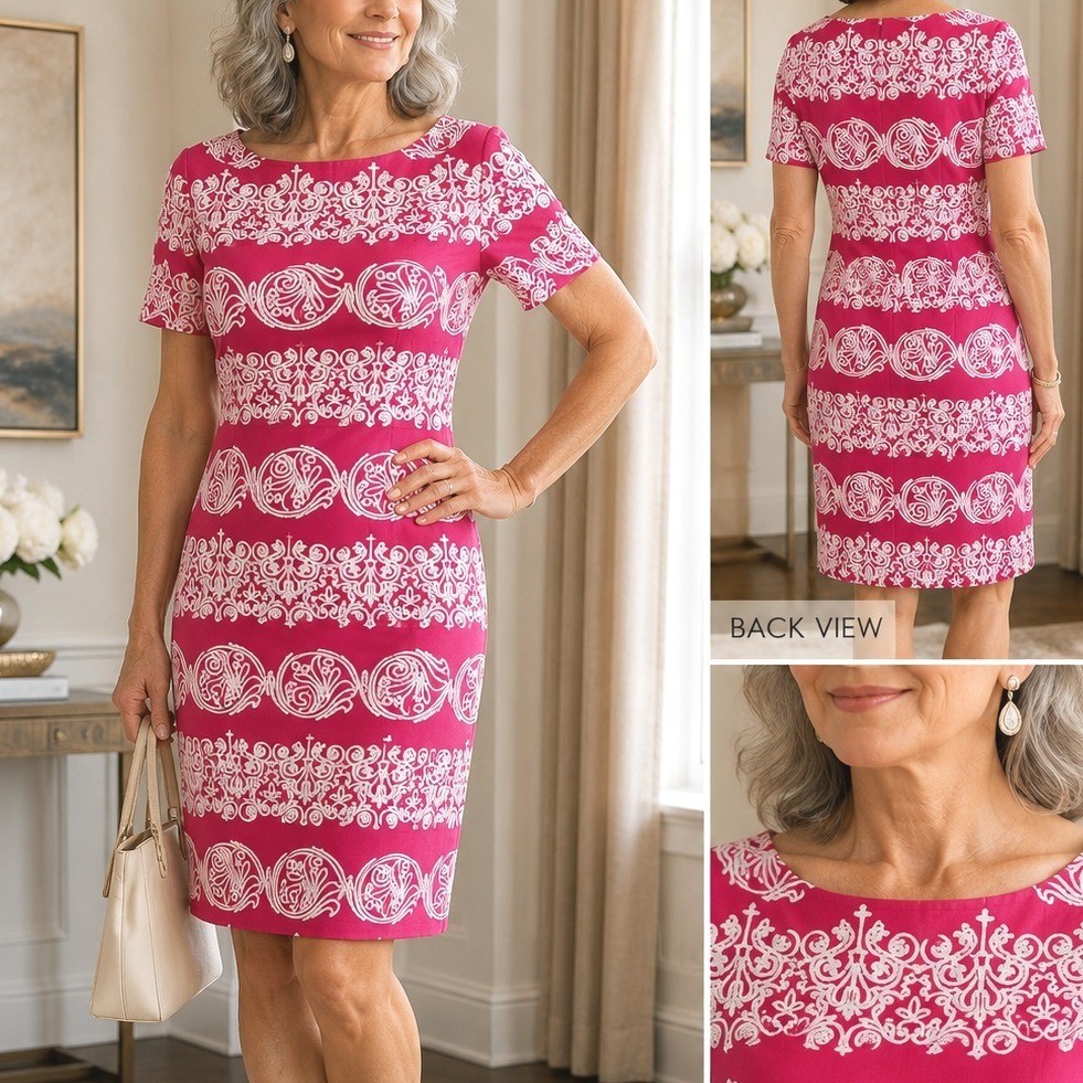 Tiana B Pink White Soutache Embroidered Shift Dress Short Wedding guest Chic S