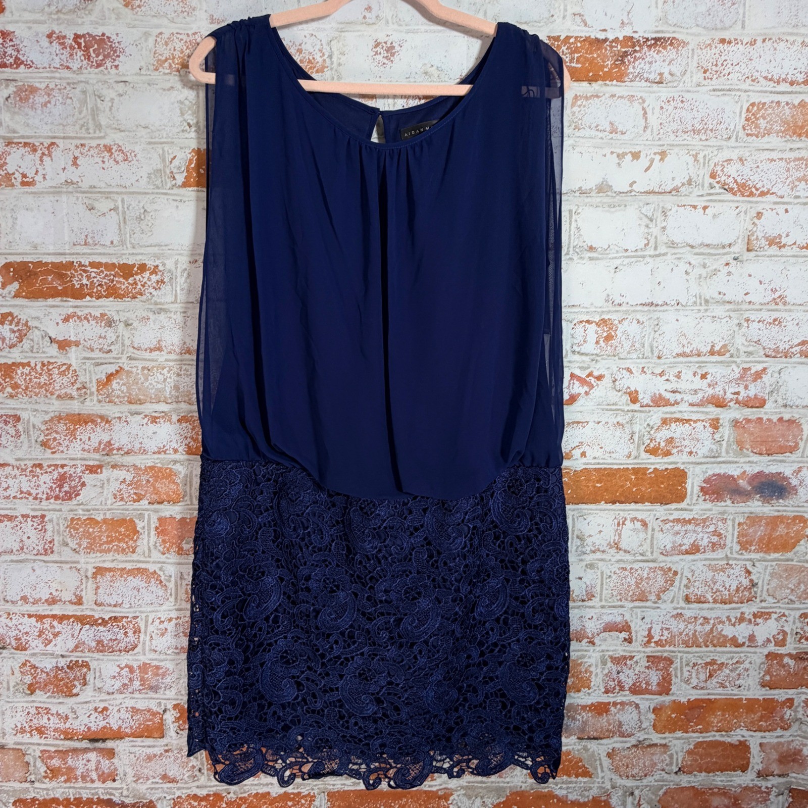 Aidan Mattox Cocktail Dress Womens 14 Navy NWT Chiffon Blouson Lace Skirt
