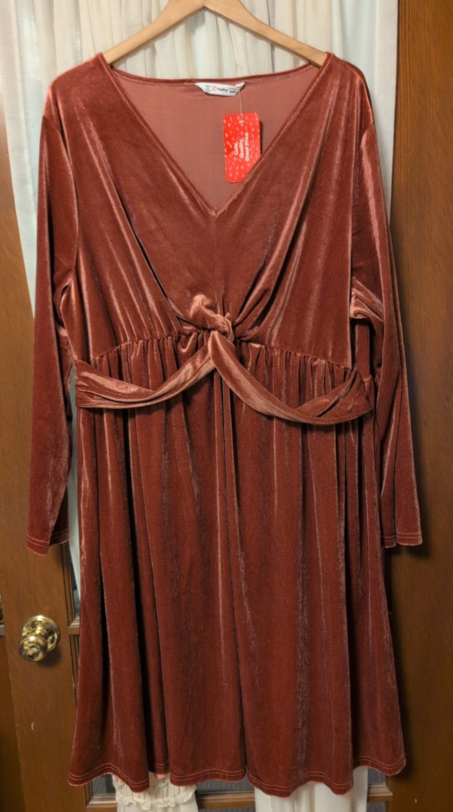 Pat Pat Rusty-mauve formal long sleeve midi V neck pull over dress Size 24W NWT