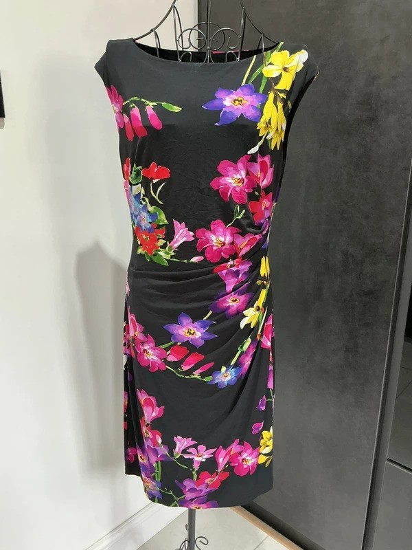 Lauren Ralph Lauren Black Floral Ruched Midi Dress UK14 US10 (DR120)