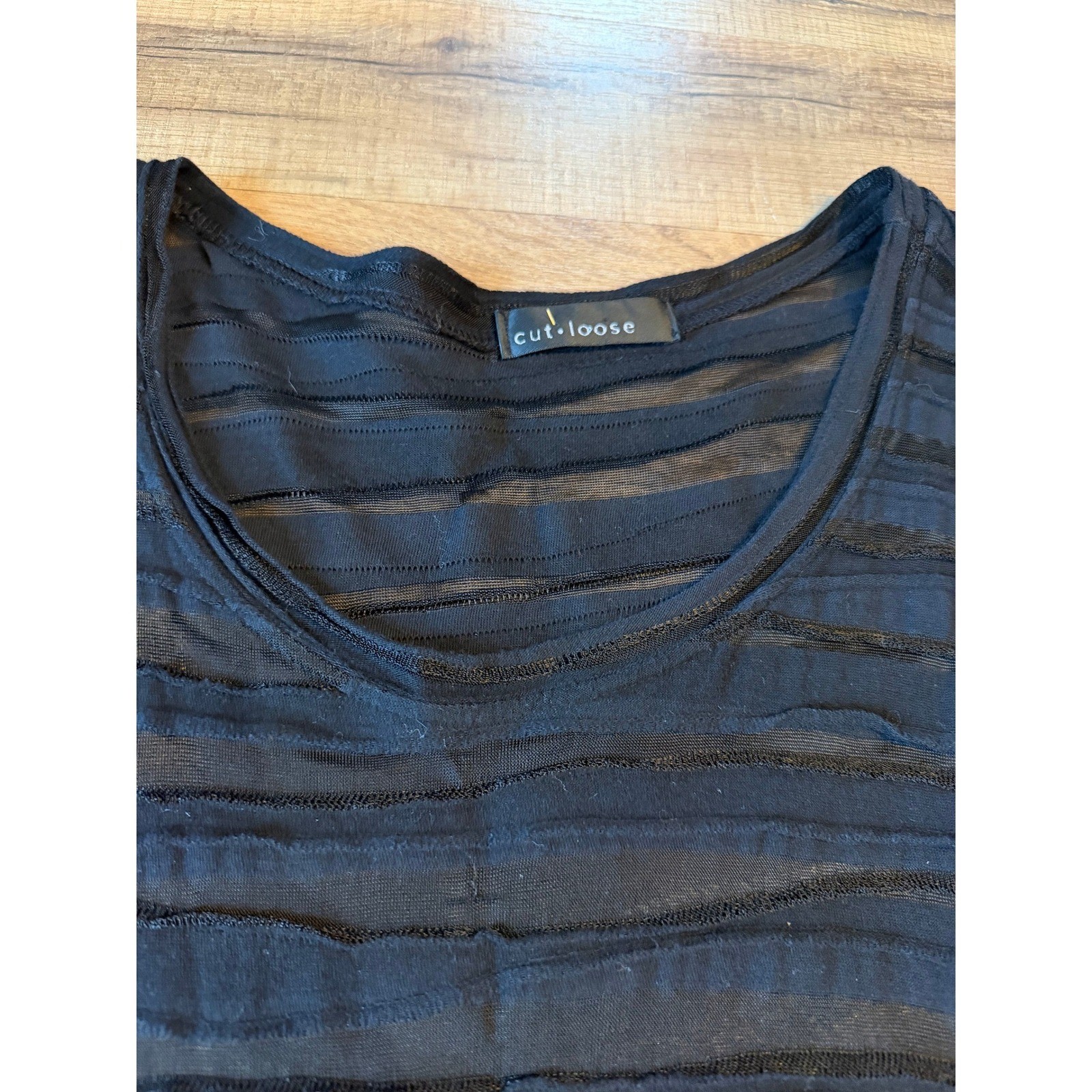 Black Dress Tunic Black Textured Sheer Stripe Sharkbite Hem SS Boho Whimsigoth