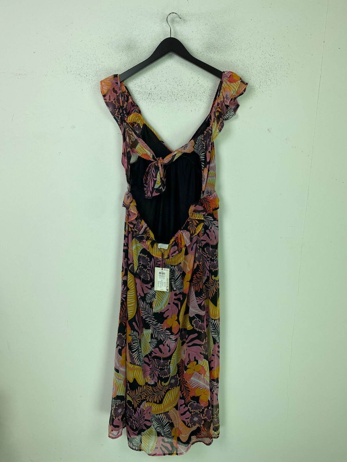 JDY Black Pink Multi Tropical Floral Midi A-Line Dress Open Back XL NEW