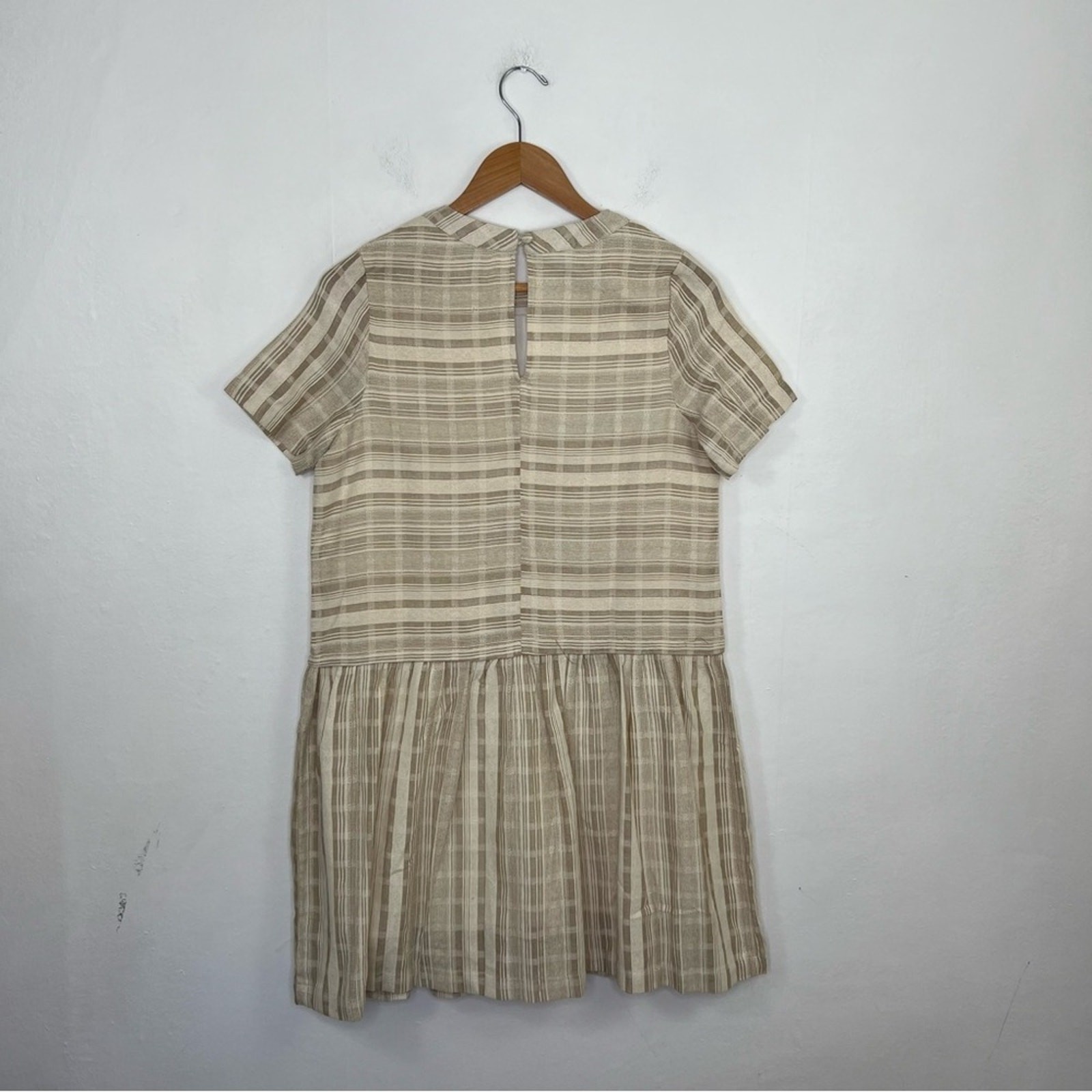 Mod Ref Striped Dress Tan Ivory Linen Textured Cotton Babydoll Dress Size Small