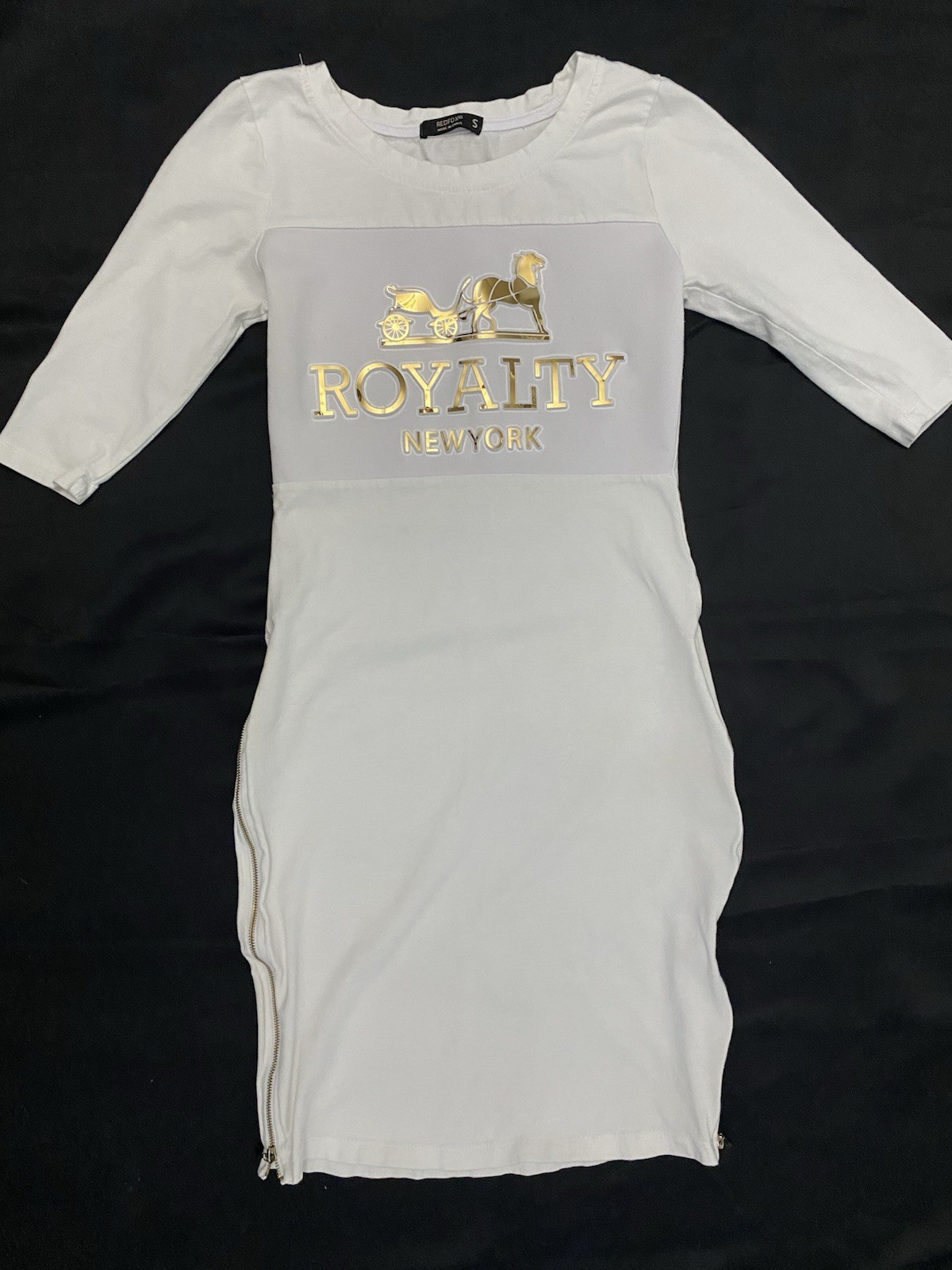 REDFOX Womens S White Solid Stretch Bodycon Midi Round Neck 3/4 Zip Logo