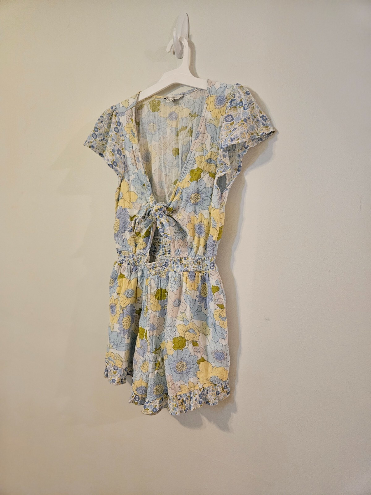 American Eagle White, Yellow, and Blue Short Sleeve Mini Dress with Tie S
