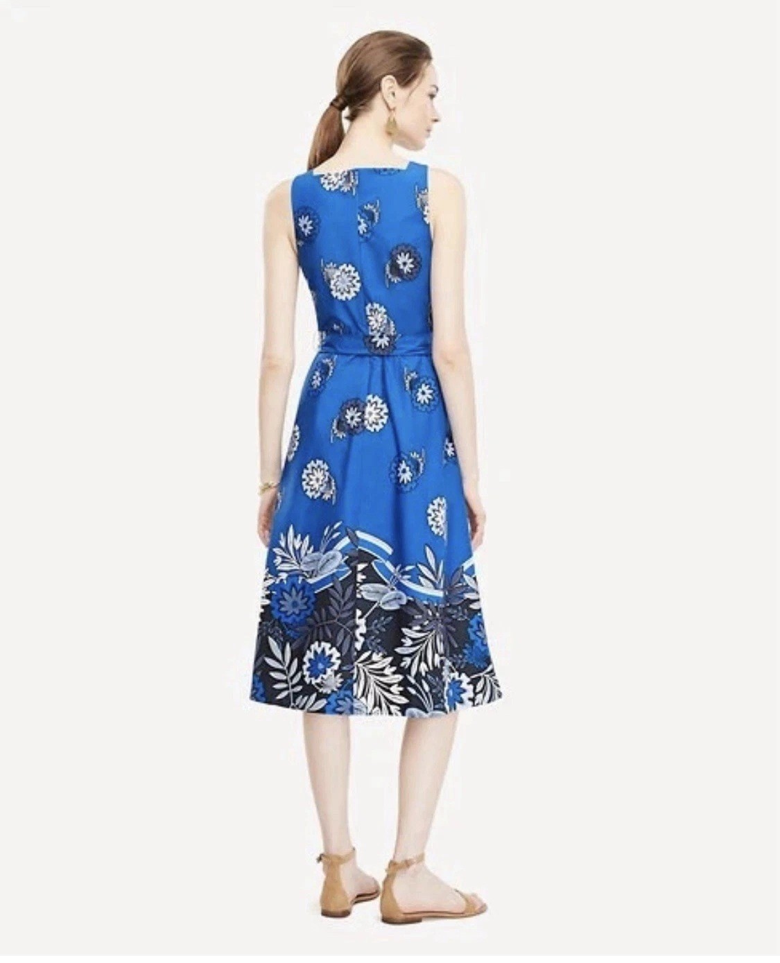 NWT Ann Taylor Petite Blue Floral Belted Poplin Midi Dress Square Neck 2P
