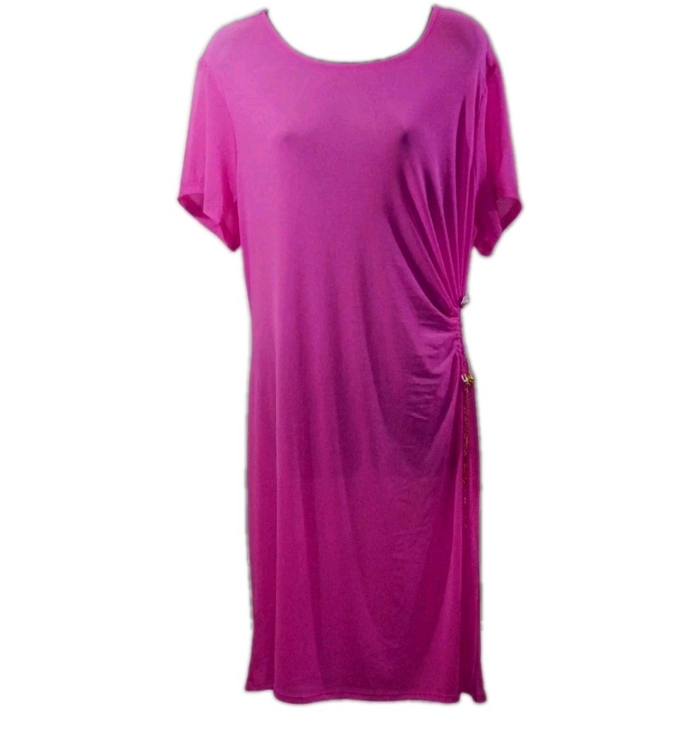 Vibe Sportswear Pink Ruched Transparent Dress Gold BowsAccent Short Sleeve2XKnee