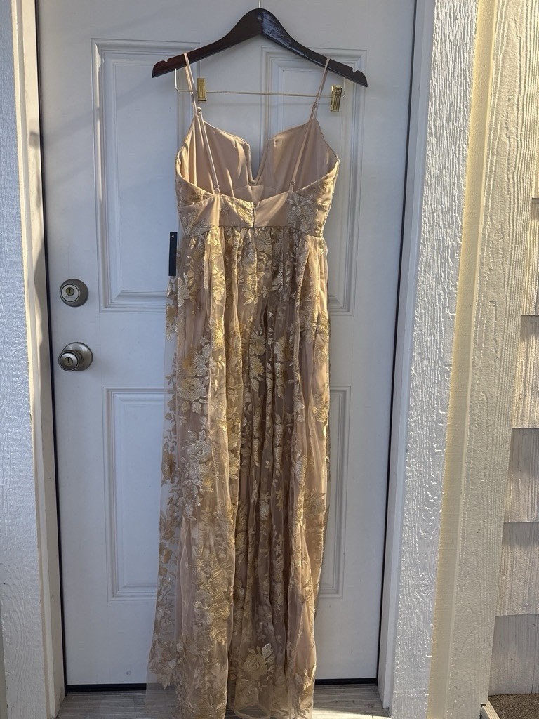 Jump Beige Gold Floral Embroidered Tulle V-Neck Maxi Dress Juniors 7/8