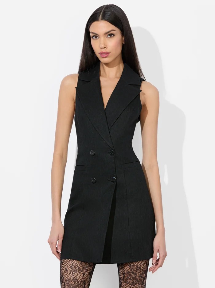 Alice + Olivia Meritt Black Linen Blend Tuxedo Dress 4 NWT $465