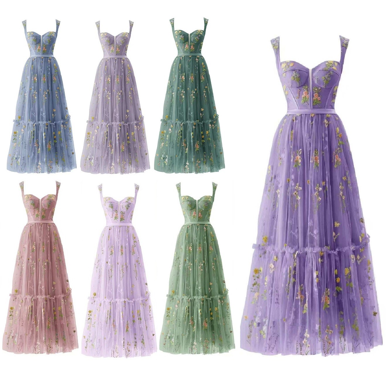 Lavender Floral Embroidery Tulle Gown Sweetheart Corset Hem Formal Maxi Dress