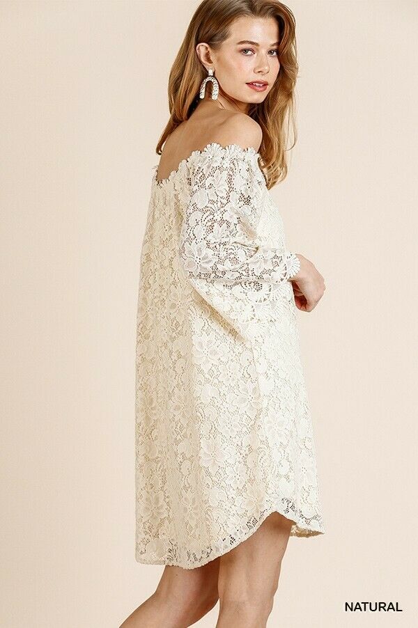 Umgee Lace Detail Off The Shoulder Boho Mini Dress in Cream/Natural