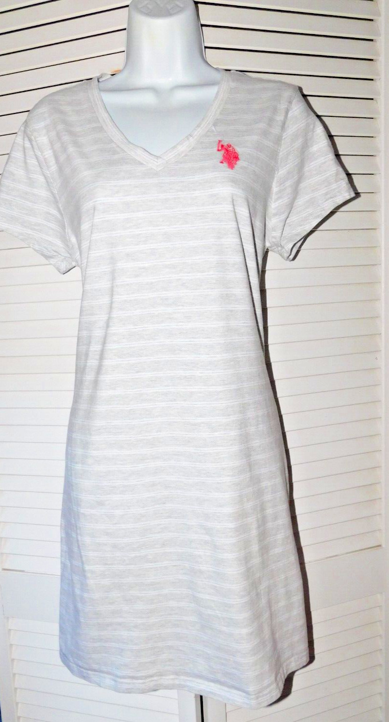 US Polo Assn Size L Grey Stripe Womens Stetch Cotton Knit Logo Slimming Dress