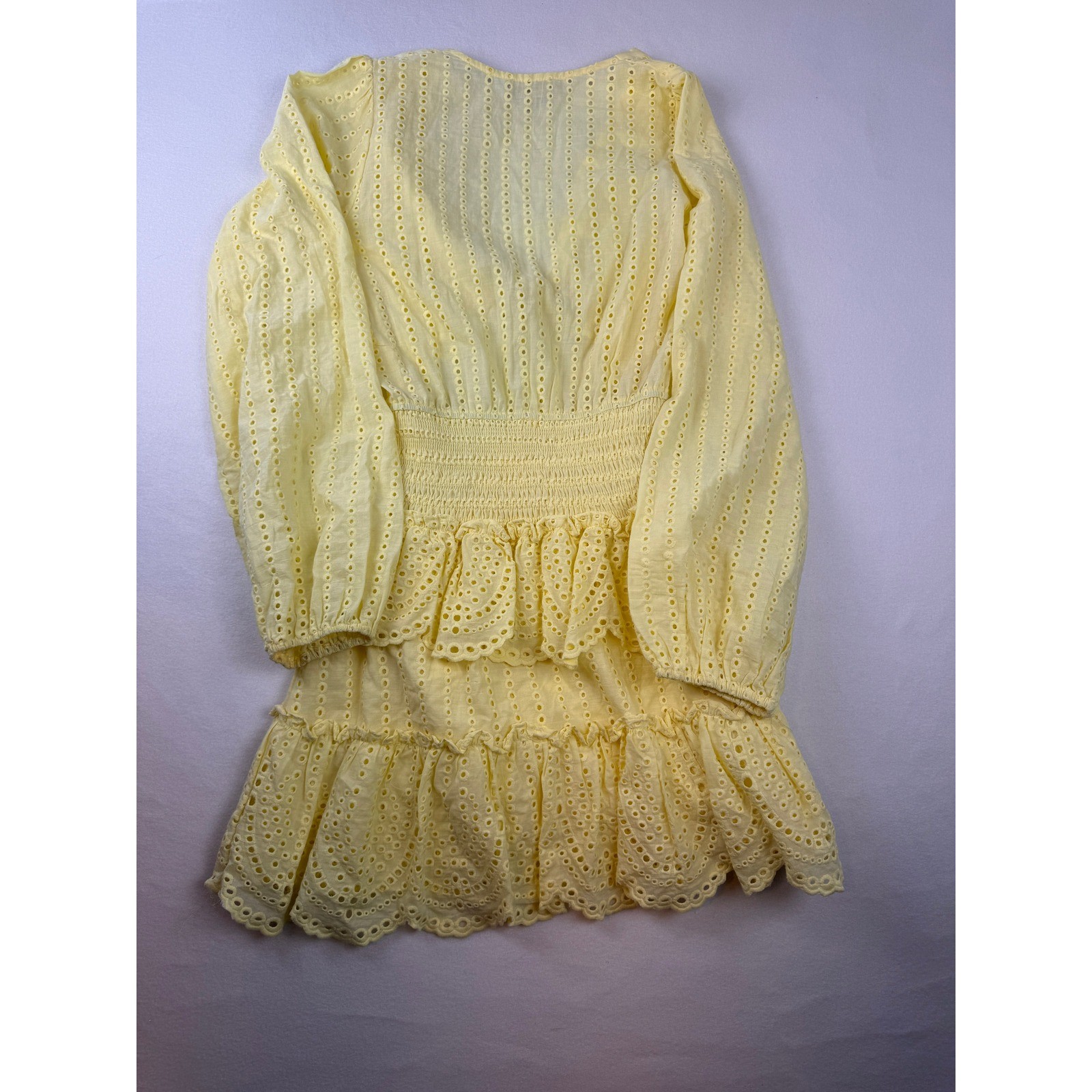 Mable Yellow Eyelet Cutout Mini Dress Women’s Medium Long Sleeve Cottagecore