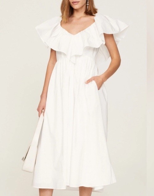 Adam Lippes Collective White Eyelet Ruffle Dress Size 12 Midi Off Shoulder