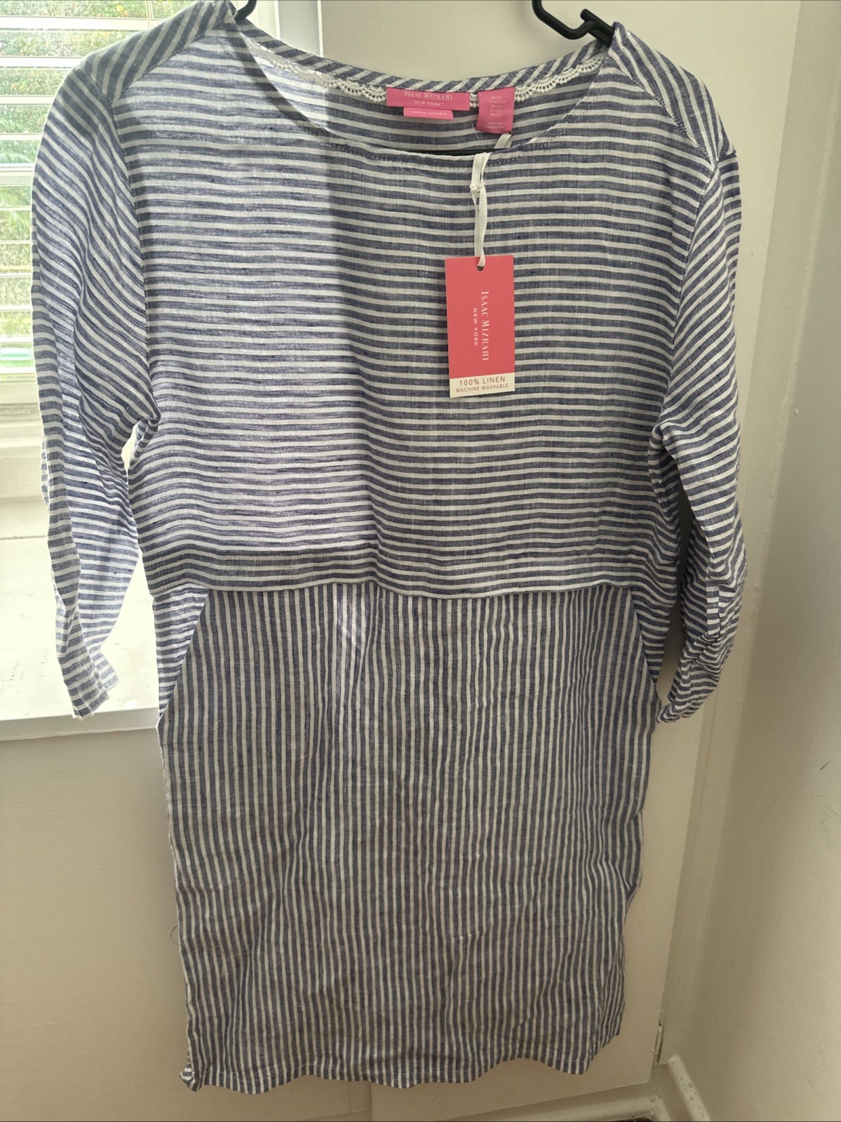 Isaac Mizrahi 100% Linen Stripe Dress Women XS Blue White Button Back Coastal