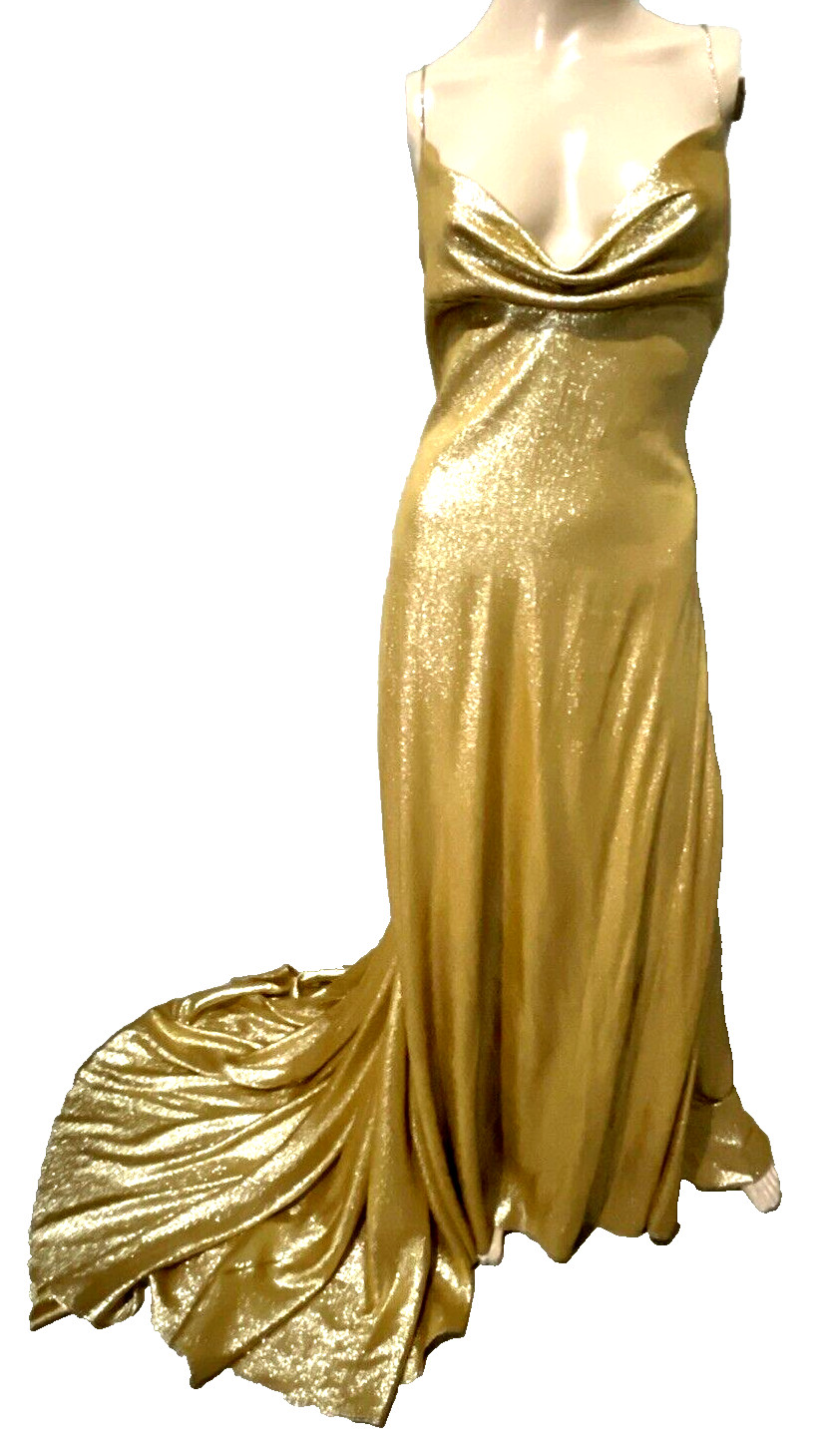 CELINE Lame Liquid Gold Long Maxi Gown Celebrity Evening Dress US 2 4 FR 36