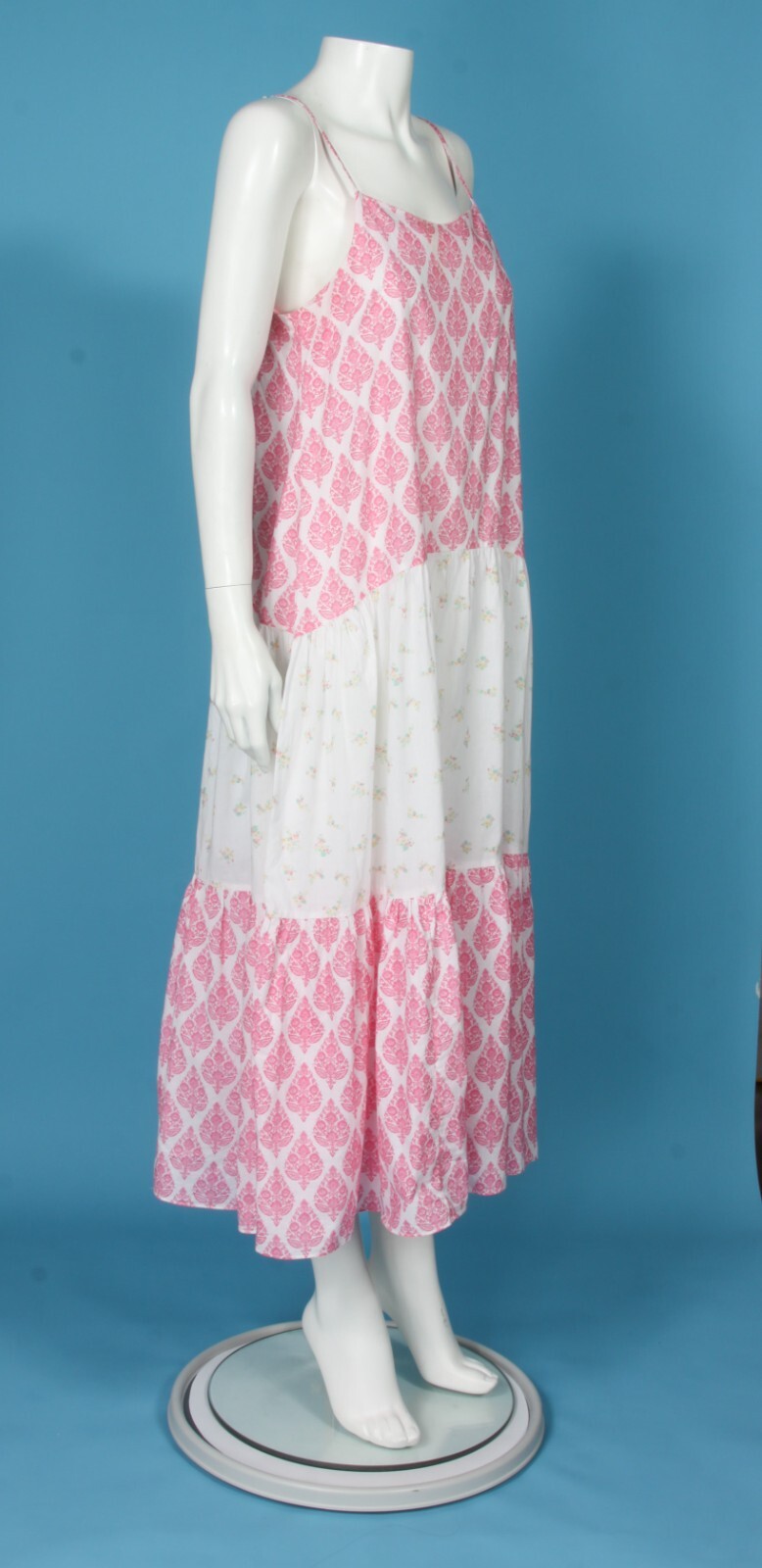 CELINA MOON Pink White Mixed Print Floral Strappy Tiered Maxi Dress sz S /358