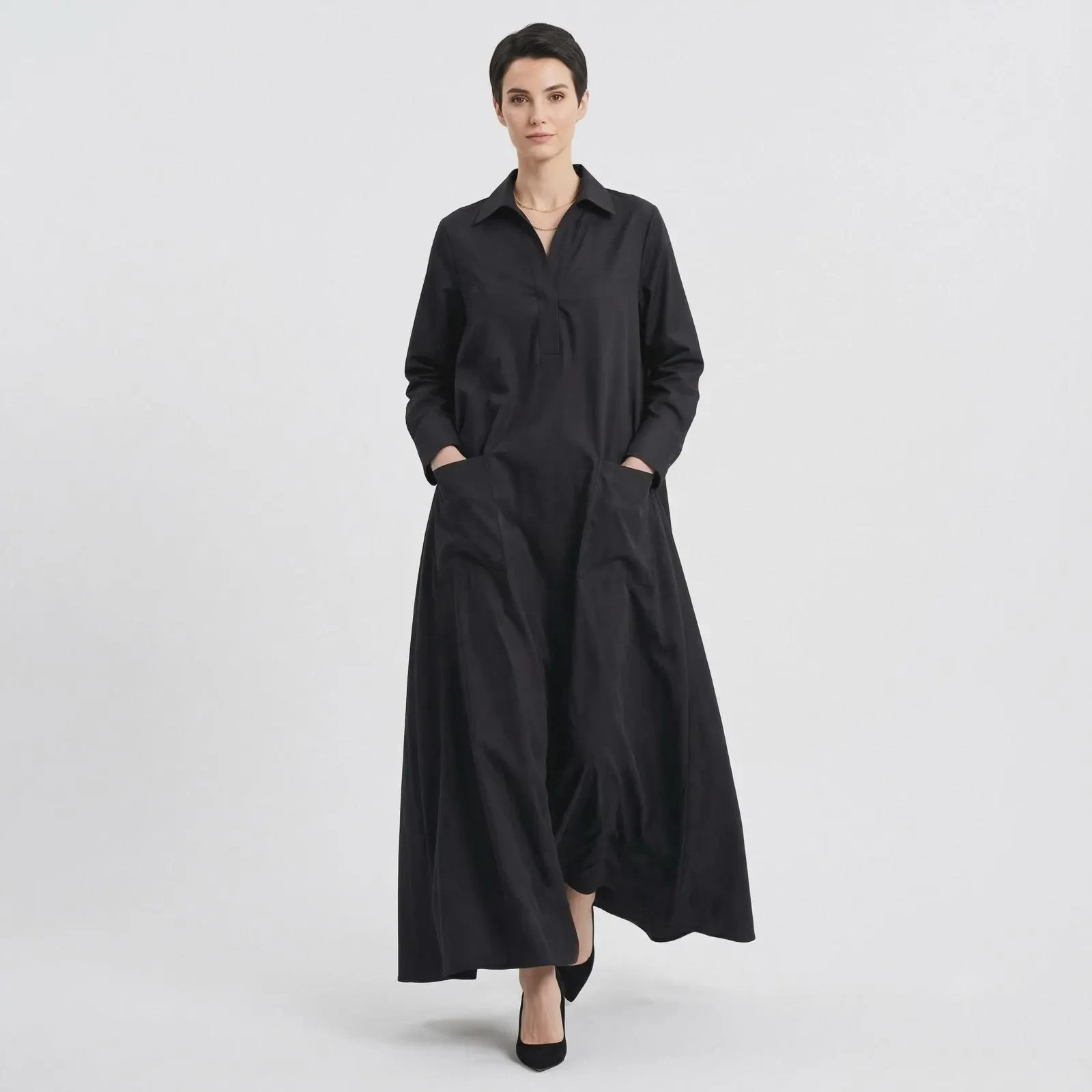 Women’s Cotton Poplin Abaya Maxi Dress – Loose Fit, Split Neck, Side Pockets