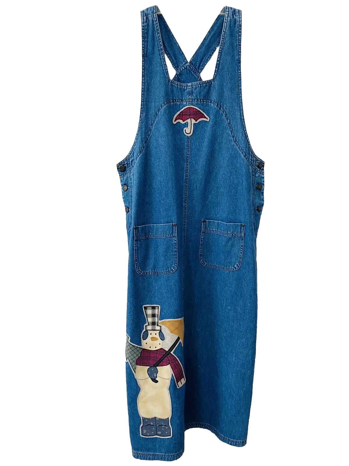 VTG Haik’s M Blue Jumper Pinafore Dress Christmas Snowman 80s 90s Retro Art Wear