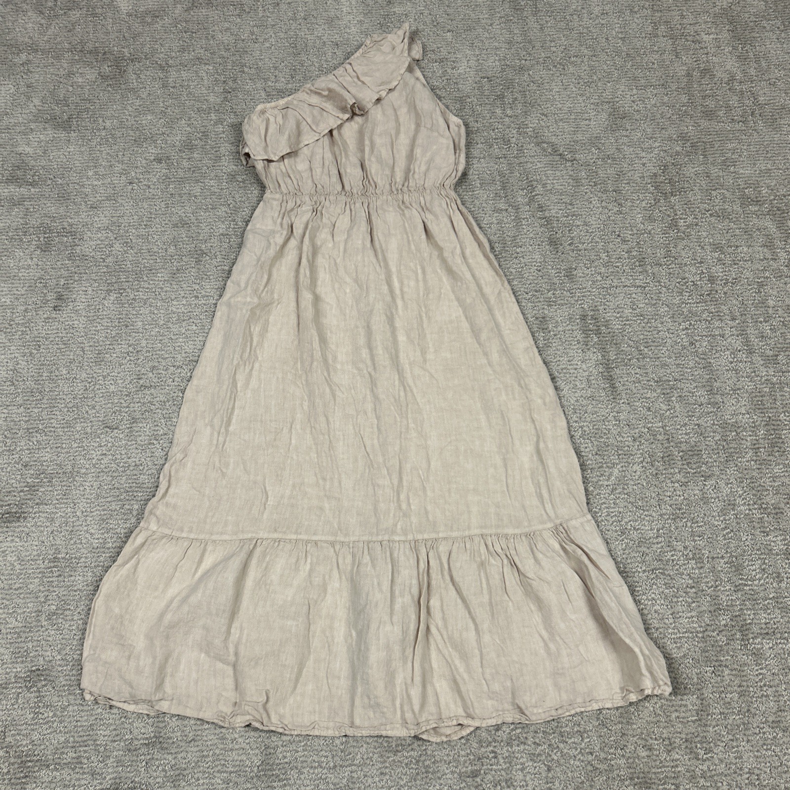 Valentina Naldi Linen Dress Womens Medium Beige One Shoulder Ruffled Midi Tiered