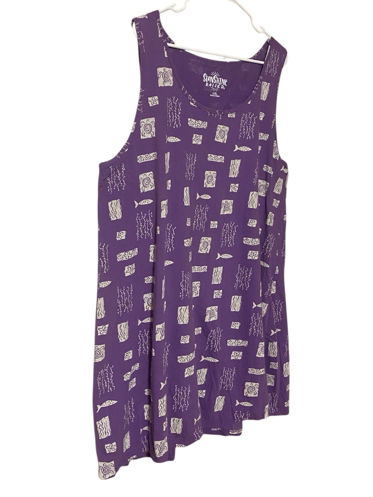 Sunshine Raised Novelty Fish Tunic Mini Dress L/XL Purple 100% Cotton Beach Girl