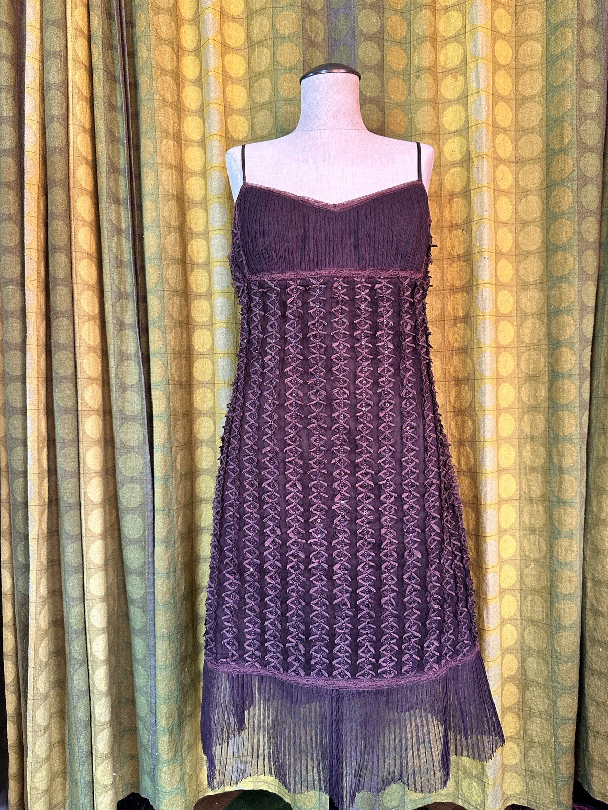 90S VINTAGE BETSEY JOHNSON Brown Nylon & Silk Bow Embellished Sleeveless Dress L