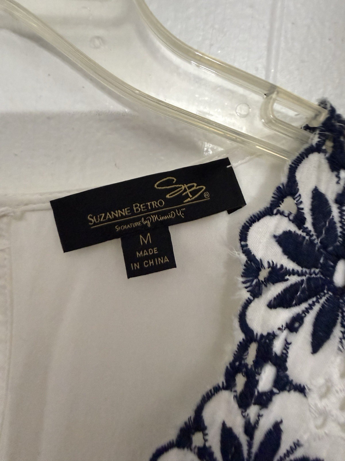 Suzanne Betro White Blue Floral Embroidered Cotton Dress Sleeveless Boho M