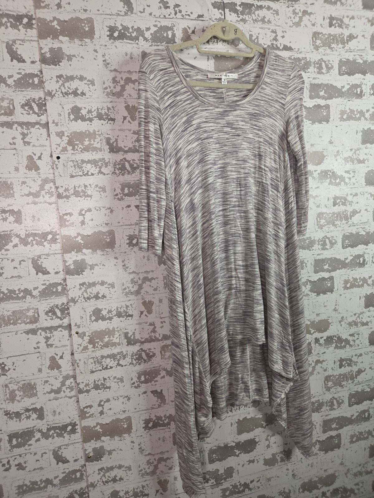 Max Studio Heathered Gray White Scoop Neck 3/4 Sleeve Asym Hem Dress S